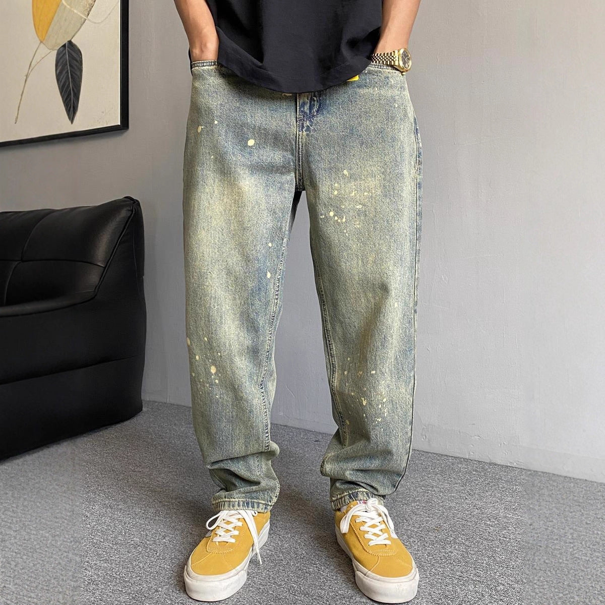 Style Winter Casual Streetwear Washed Vintage Splatter Denim Pants Men Straight Loose Oversize Versatile Tapered Jeans