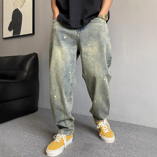 Style Winter Casual Streetwear Washed Vintage Splatter Denim Pants Men Straight Loose Oversize Versatile Tapered Jeans